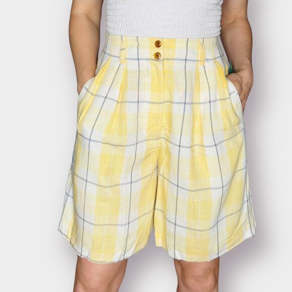 90s The Limited Yellow Navy Window Pane Plaid Shorts - Picture 3 of 7